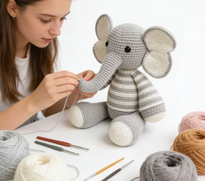 Handmade Striped Gray Elephant Crochet Amigurumi