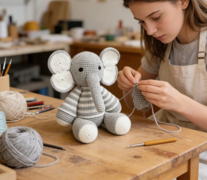 Handmade Striped Gray Elephant Crochet Amigurumi