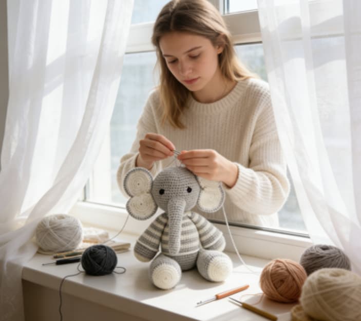 Handmade Striped Gray Elephant Crochet Amigurumi