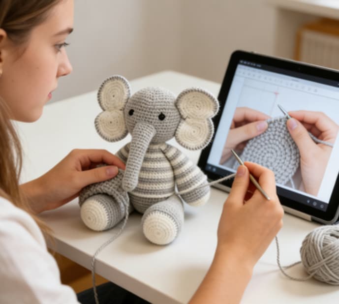 Handmade Striped Gray Elephant Crochet Amigurumi