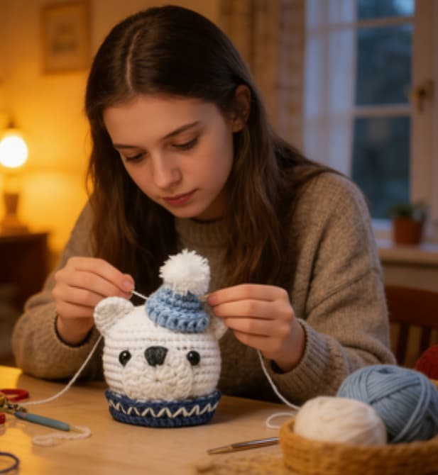 Handmade Crochet Polar Bear with Blue Hat & Scarf Amigurumi