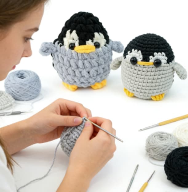 Adorable Black & Grey Chubby Penguin Crochet Plushie