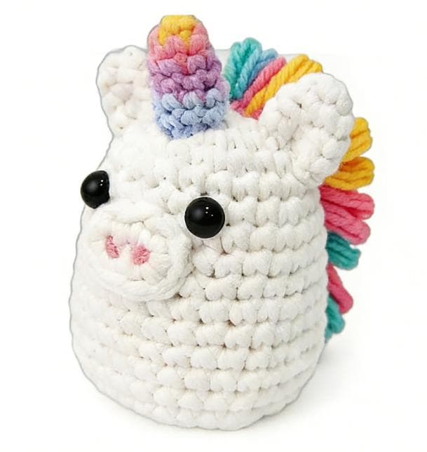 Handmade chubby white unicorn crochet stuffed animal made with chunky yarn. A kawaii, round amigurumi plushie featuring a pastel rainbow horn and colorful mane, perfect as a magical desk pet or a finished handmade gift.