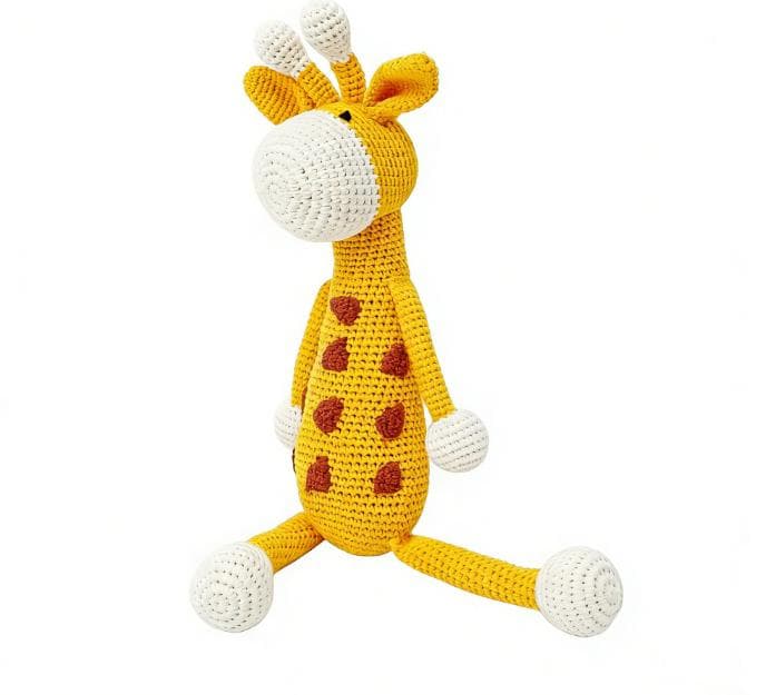Handmade tall yellow giraffe crochet stuffed animal. A cute amigurumi plushie featuring brown spots, a long neck, and white paws, perfect as safari nursery decor, a desk pet, or a finished handmade gift.