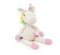 Handmade white unicorn crochet stuffed animal. A cute ragdoll-style amigurumi plushie featuring a pastel rainbow mane and horn, pink hooves, sleeping eyes, and a pink star on its belly, perfect as magical nursery decor or a finished handmade gift.